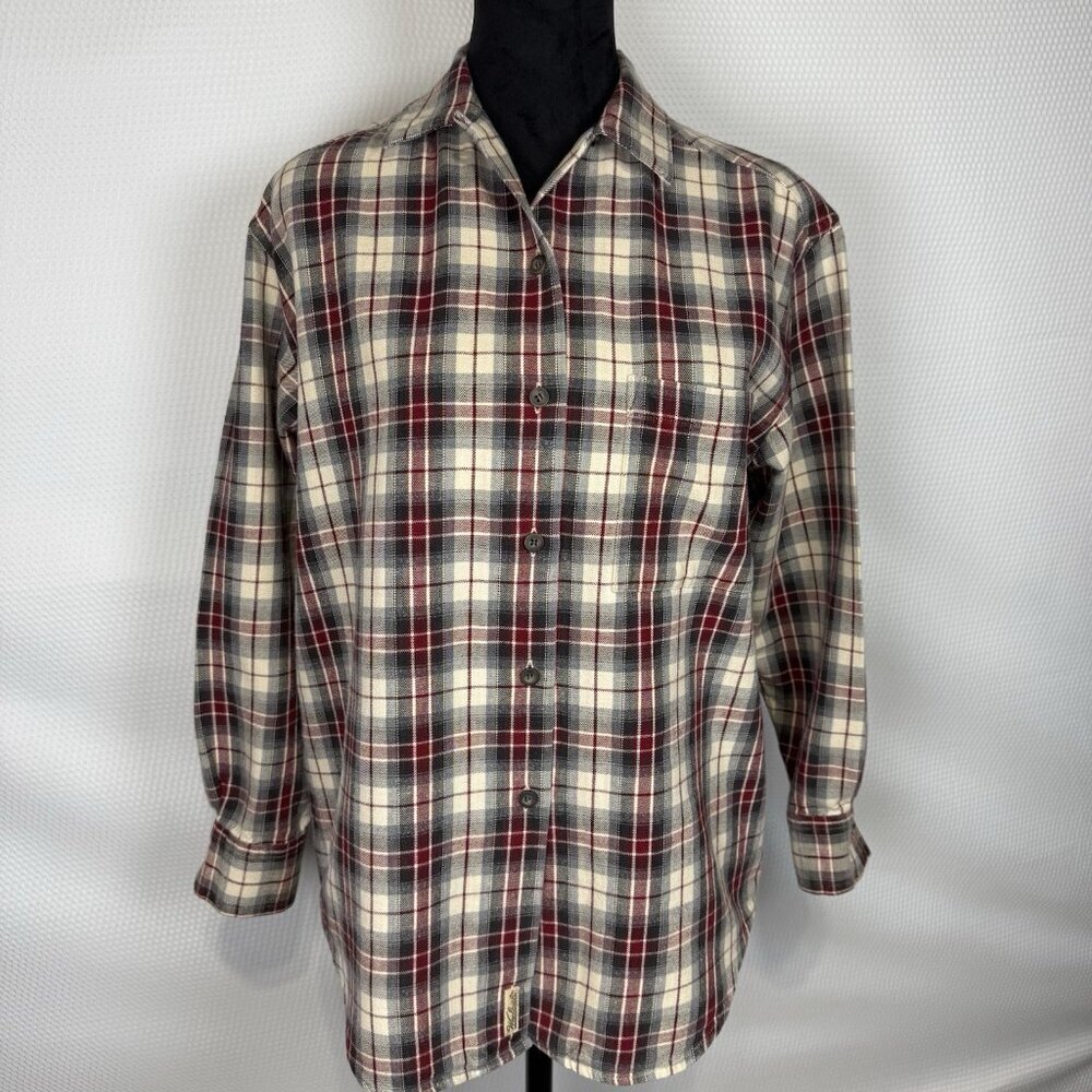 Woolrich Oatmeal Tartan Plaid Flannel Button-Up Shirt Women’s LT Small #2680